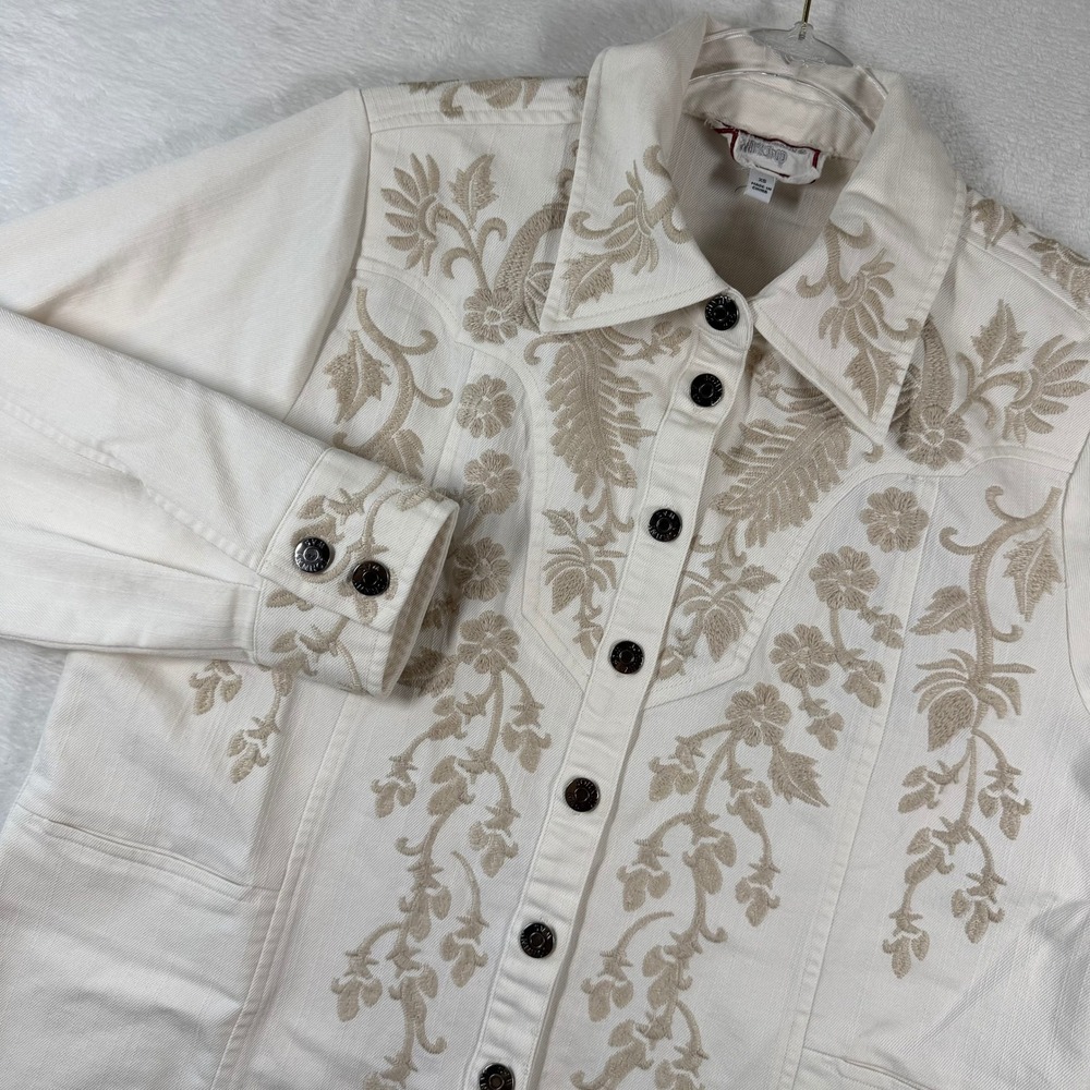 Johnny Was Workshop Womens XS Cream Embroidered Denim Button Down Jacket Shacket
